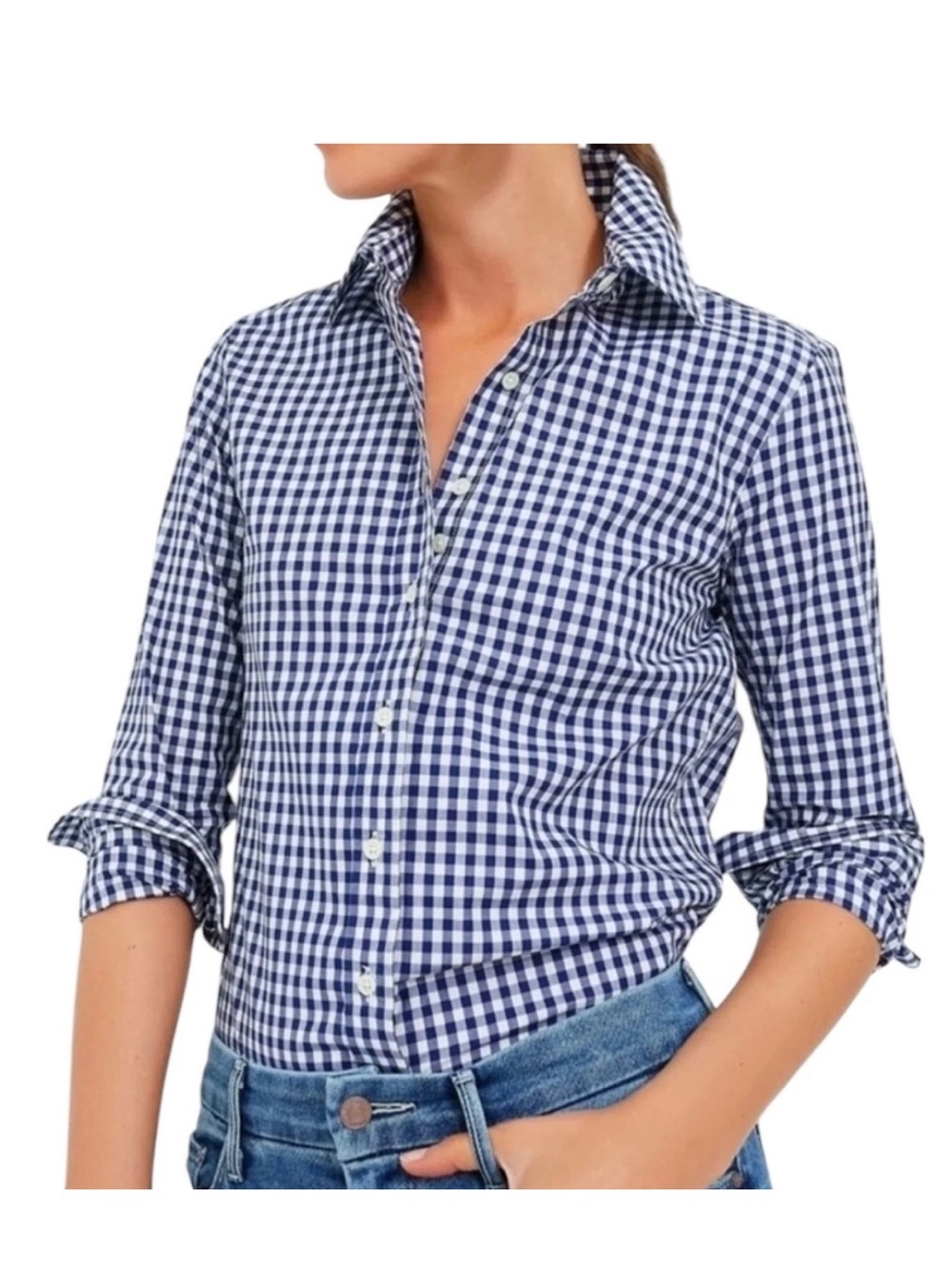 UNTUCKit Belleza Blue White Gingham Cotton Button Down Shirt Womens 2 Regular